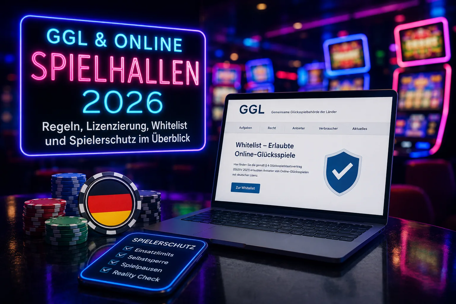 Illustration zu GGL-Regeln, Einsatzlimits und Spielerschutz bei Online-Spielhallen