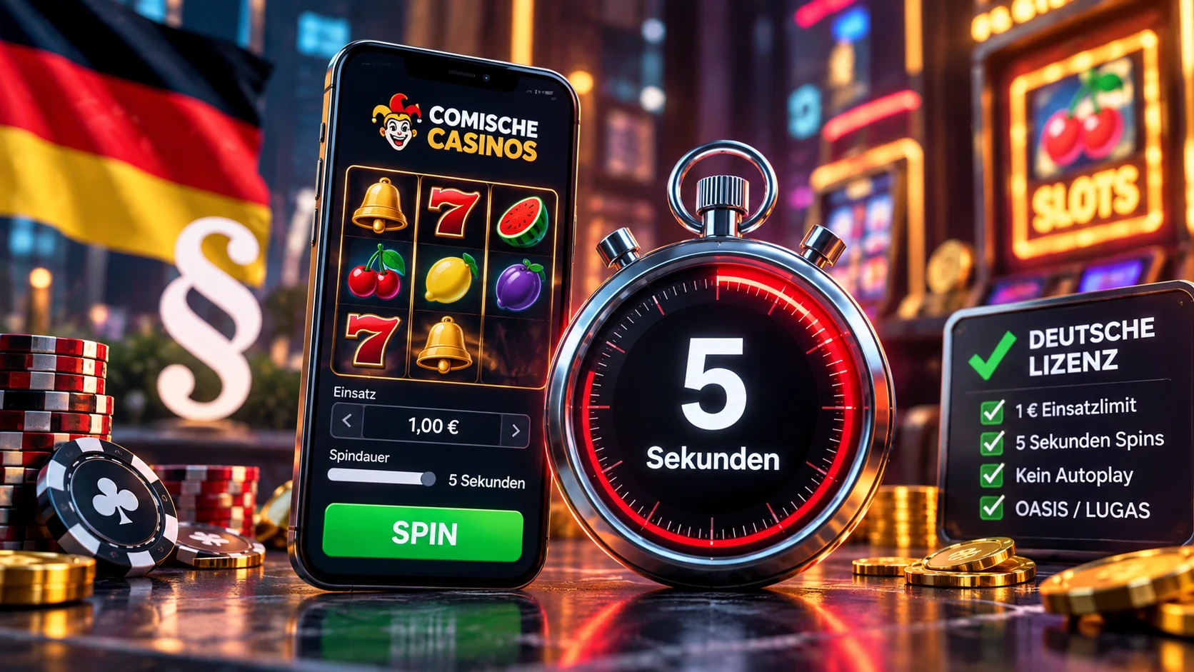 Stoppuhr mit fünf Sekunden neben einem Online-Slot als Symbol für die deutsche 5-Sekunden-Regel