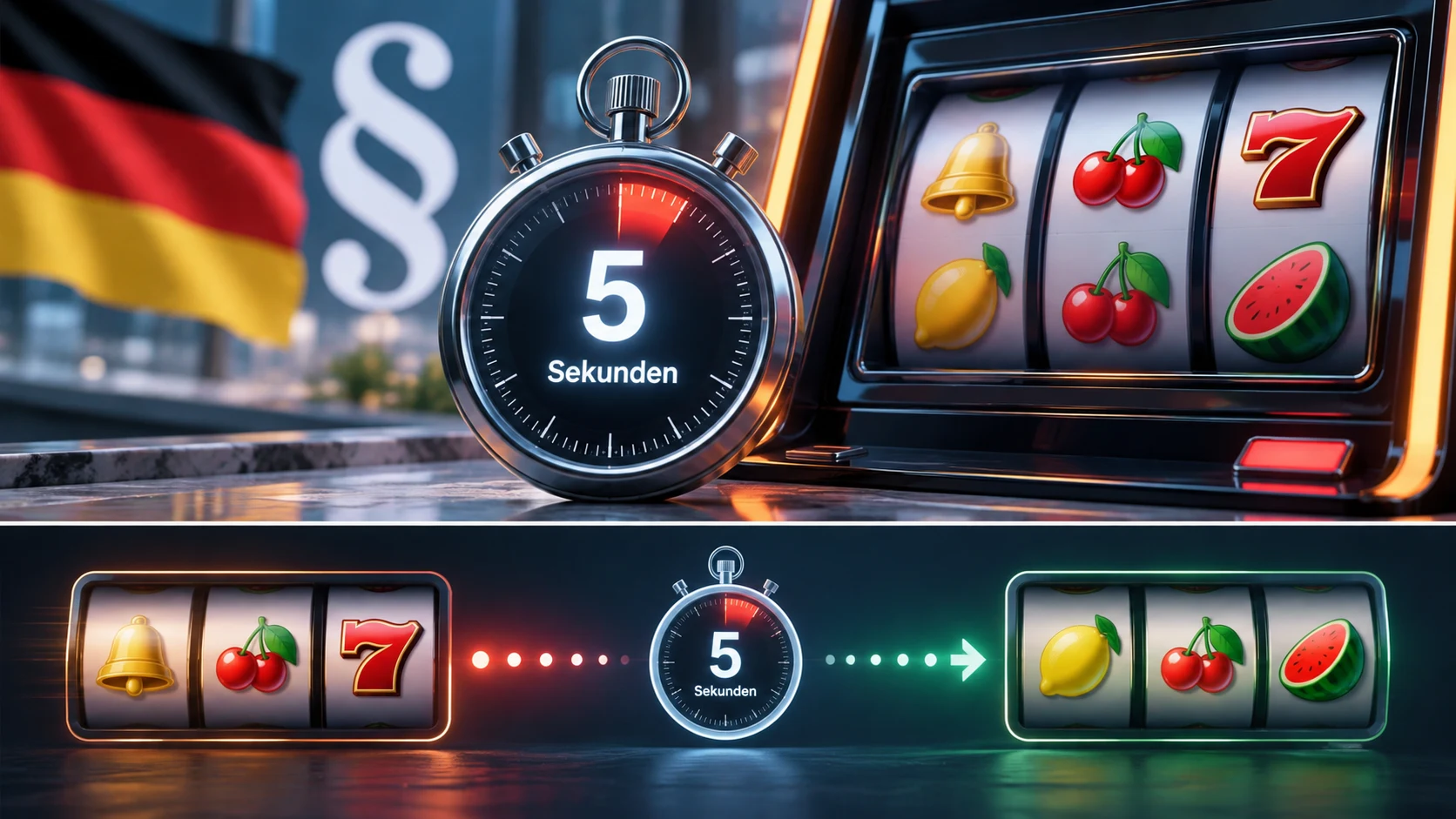 Grafische Darstellung zweier Slot-Spielrunden mit fünf Sekunden Abstand